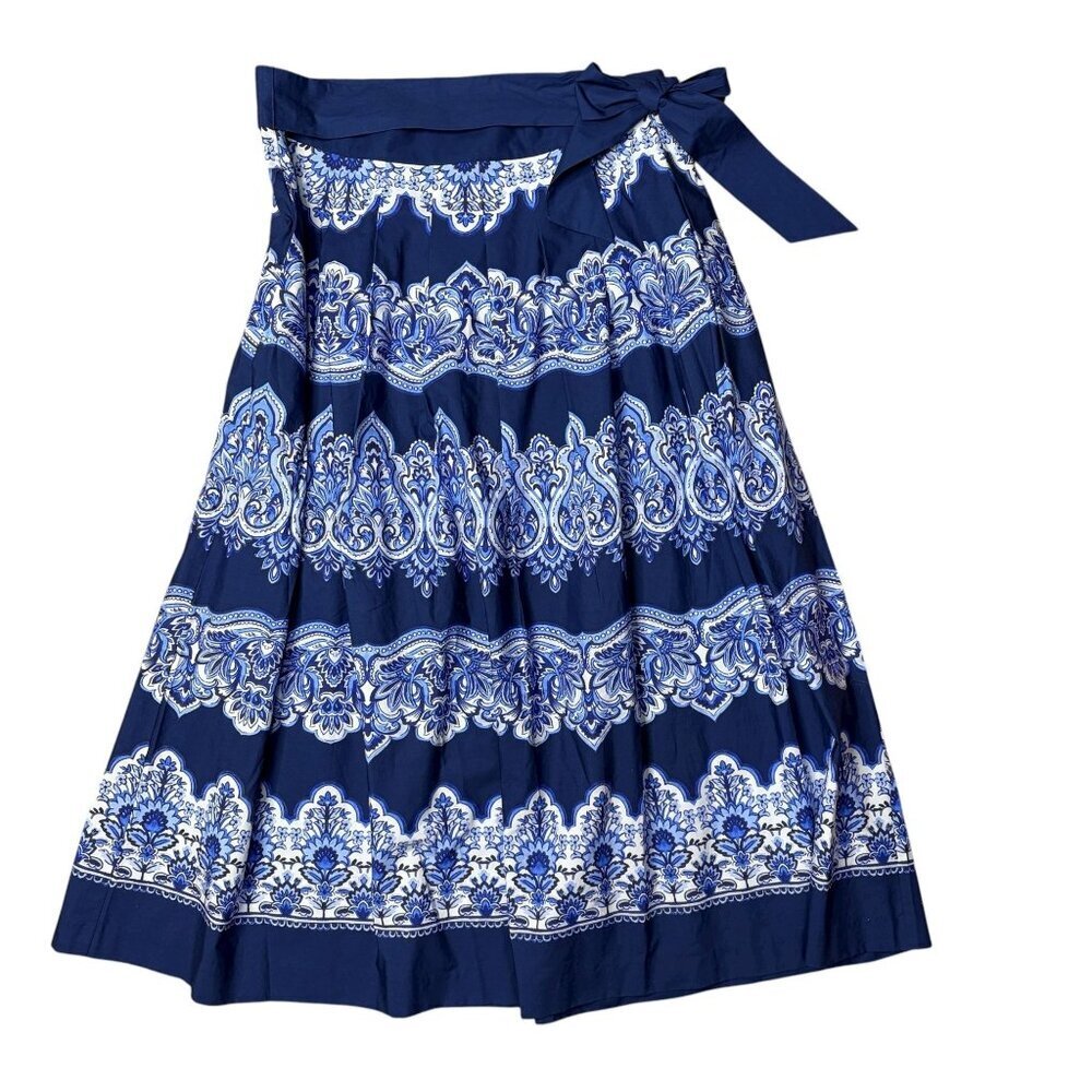 Talbots 14P Blue Ornamental Floral Print Cotton Poplin Midi Skirt NWT